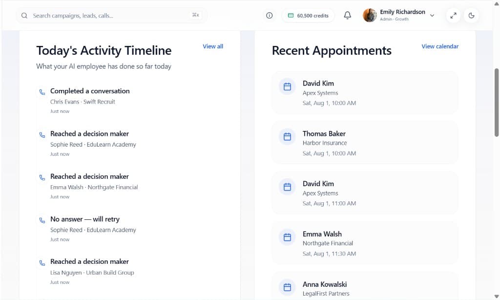 CallForge activity timeline and weekend appointments booked while the team is offline