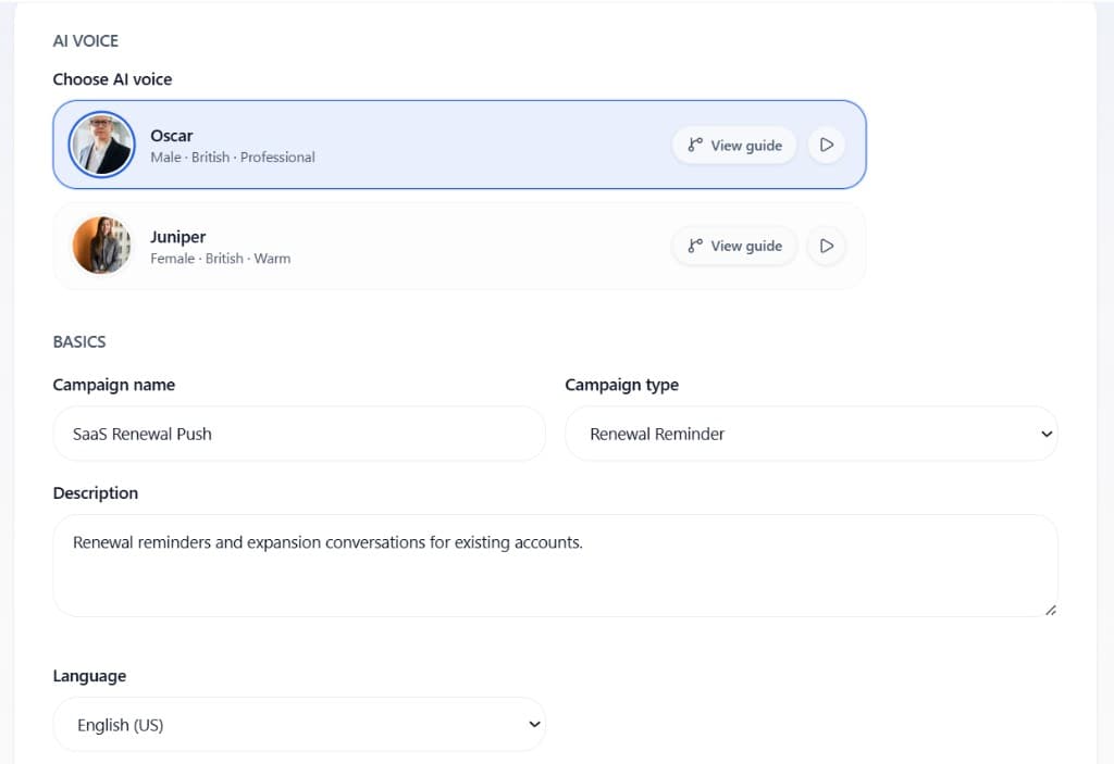 CallForge campaign voice settings with Oscar and Juniper AI voices, campaign type, and language