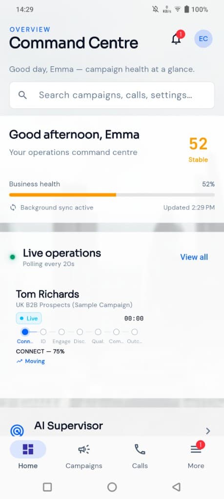 CallForge mobile app Command Centre showing live operations, key metrics, and business health score