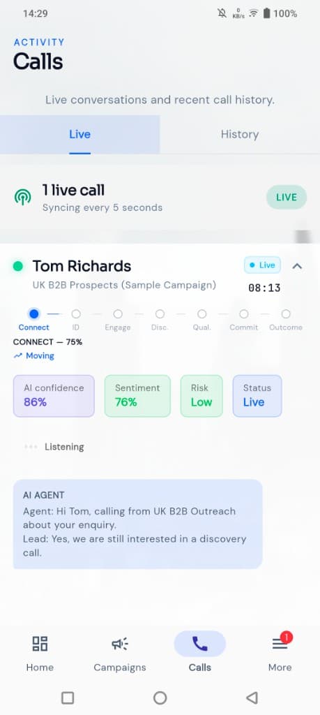 CallForge mobile app live call view showing AI agent conversation, sentiment analysis, and call controls